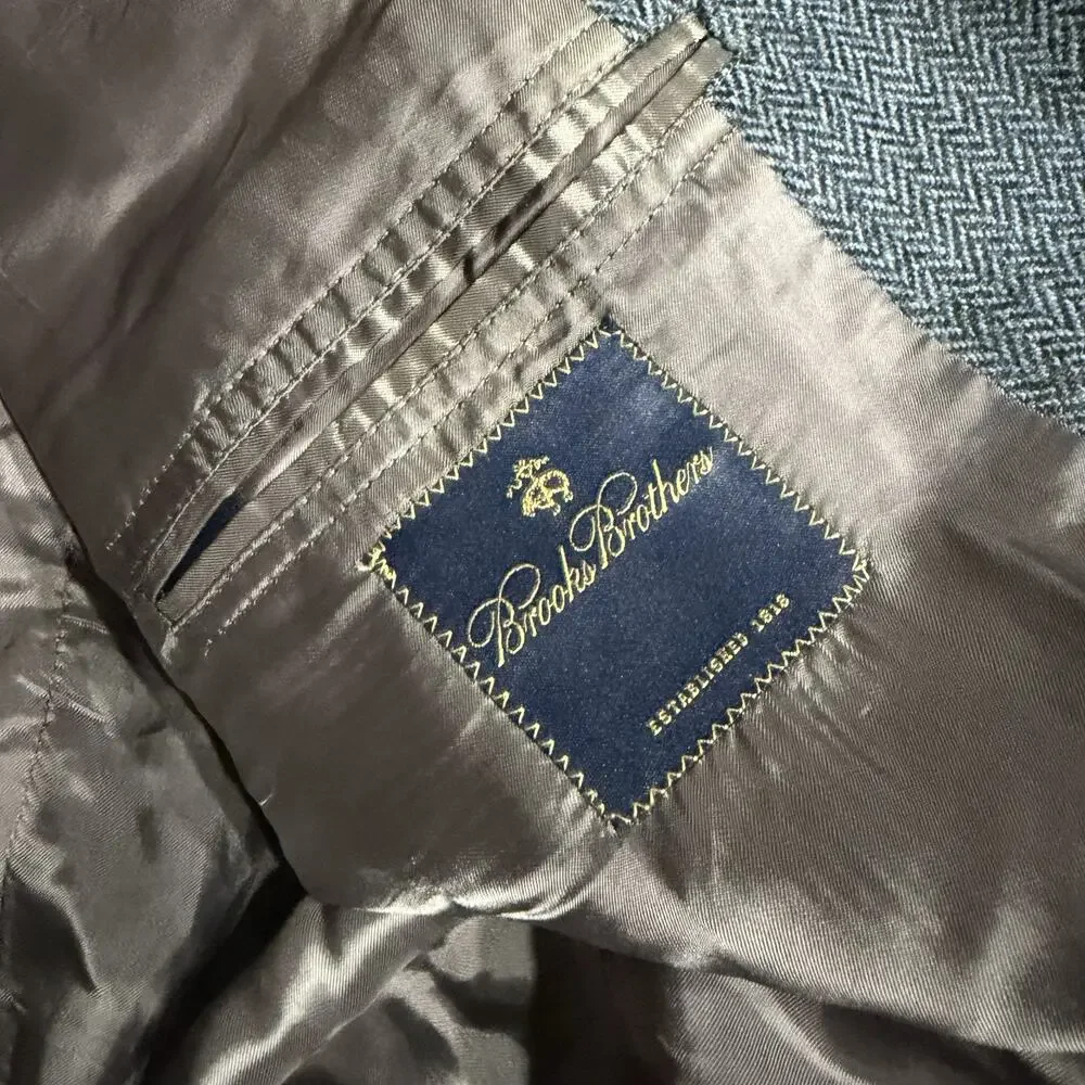 Brooks Brothers Made In Italy Blue Herringbone Wool Sport Coat 48R Vintage